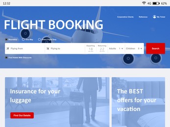 Online flight booking website interface with information