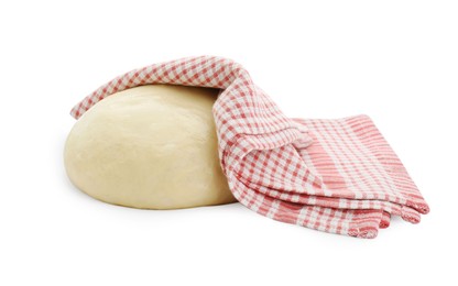 Photo of Fresh yeast dough and towel isolated on white