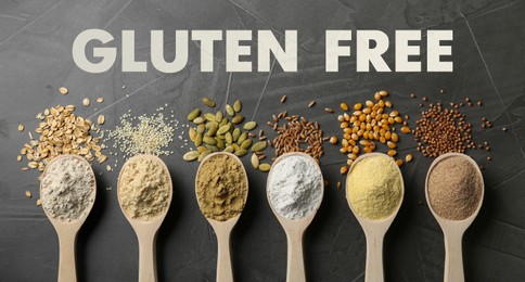 Image of Gluten free products. Spoons with different types of flour and text on grey table, top view