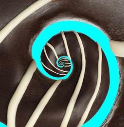 Image of Twisted donut with chocolate icing and topping on cyan background, spiral effect