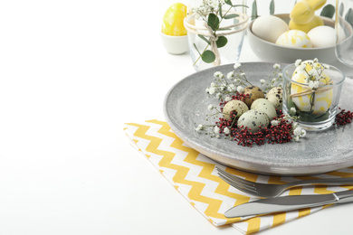 Photo of Festive Easter table setting with beautiful floral decor. Space for text