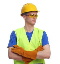Photo of Young man with crossed arms wearing safety equipment on white background