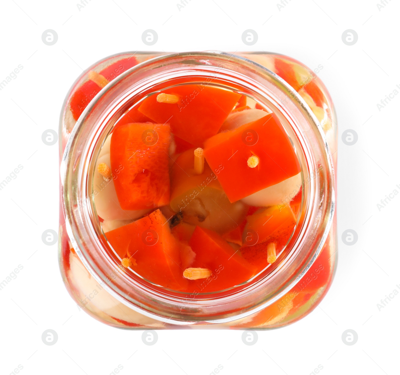 Photo of Open jar with pickled vegetables on white background, top view