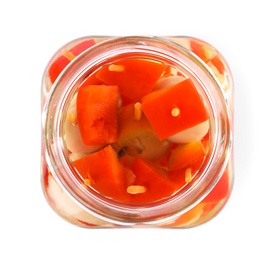 Photo of Open jar with pickled vegetables on white background, top view