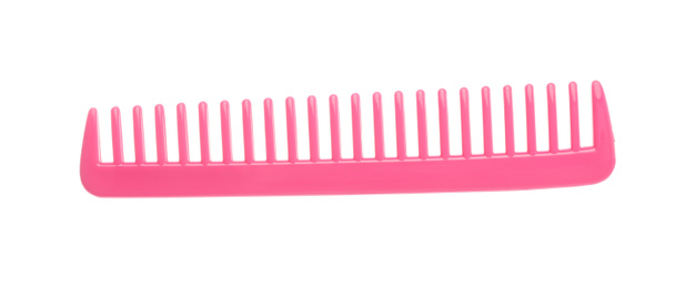 Photo of New pink hair comb isolated on white, top view