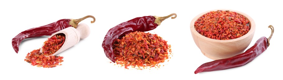 Image of Aromatic spices. Red chili pepper flakes and whole dried peppers on white background, set