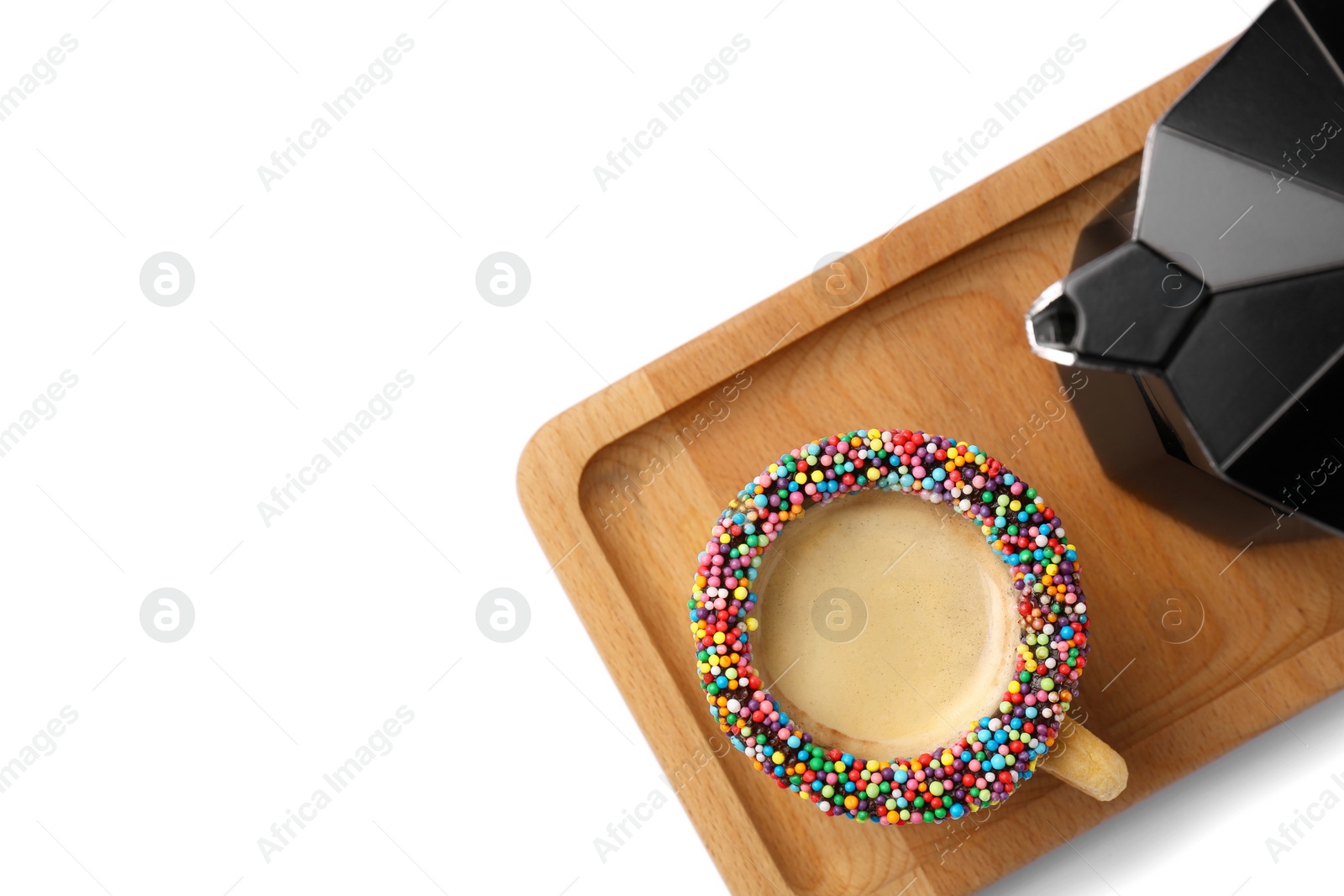 Photo of Delicious edible biscuit cup with coffee and moka pot on white background, top view. Space for text