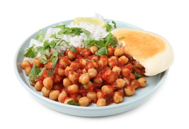Photo of Delicious chickpea curry, rice and flatbread isolated on white