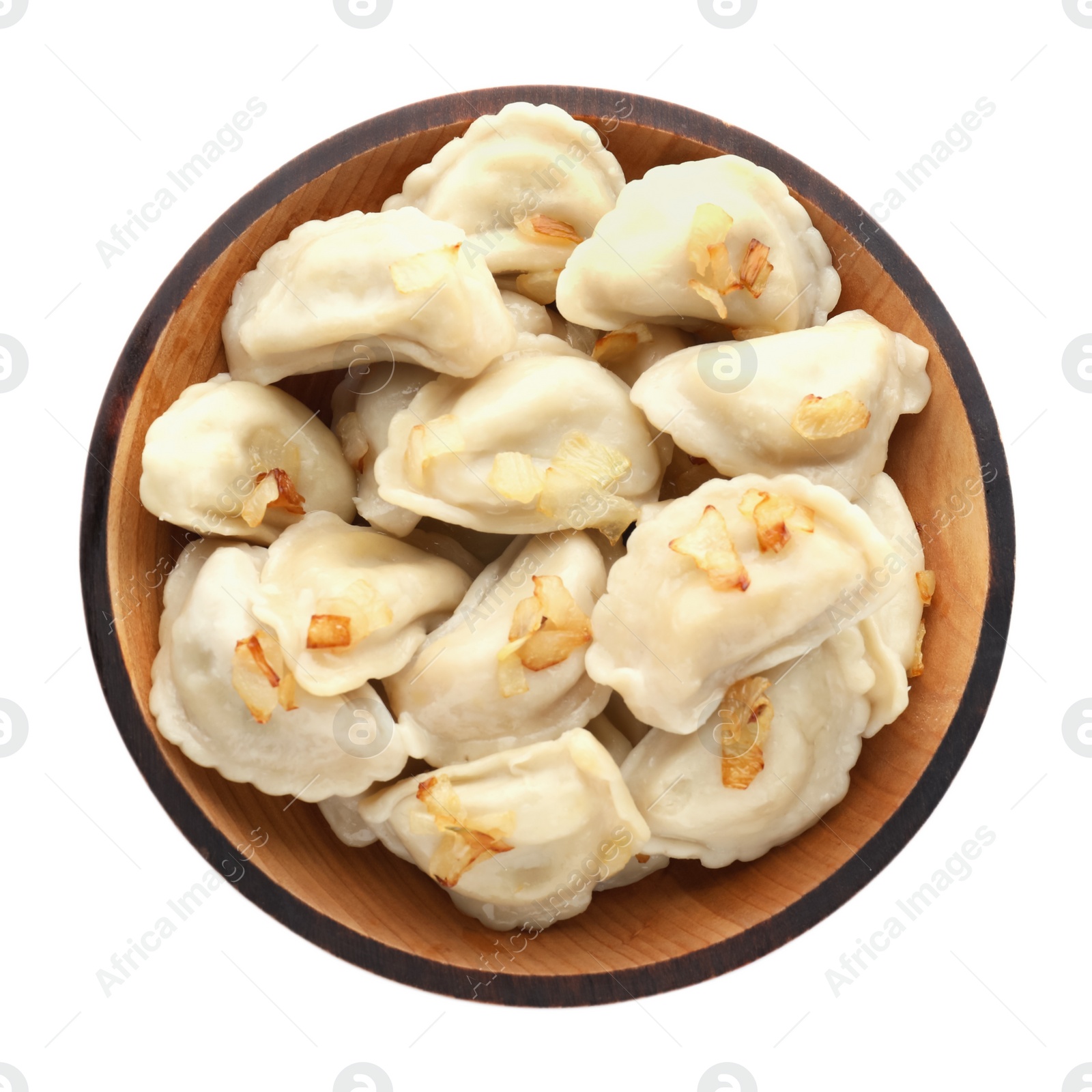 Photo of Delicious dumplings (varenyky) with potatoes and onion on white background, top view