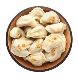 Delicious dumplings (varenyky) with potatoes and onion on white background, top view