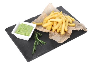 Serving board with delicious french fries, avocado dip and rosemary isolated on white