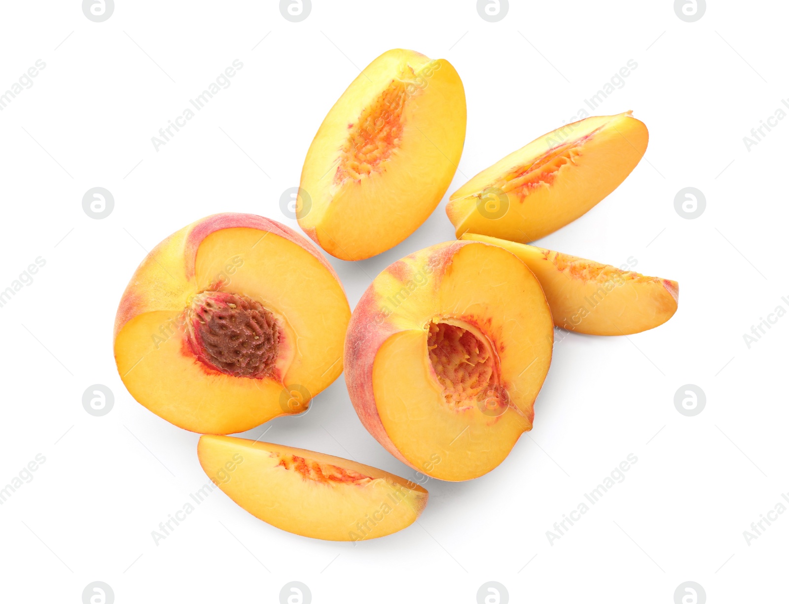 Photo of Cut fresh ripe peaches isolated on white, top view