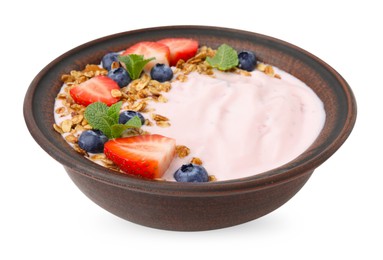 Photo of Bowl with yogurt, berries and granola isolated on white