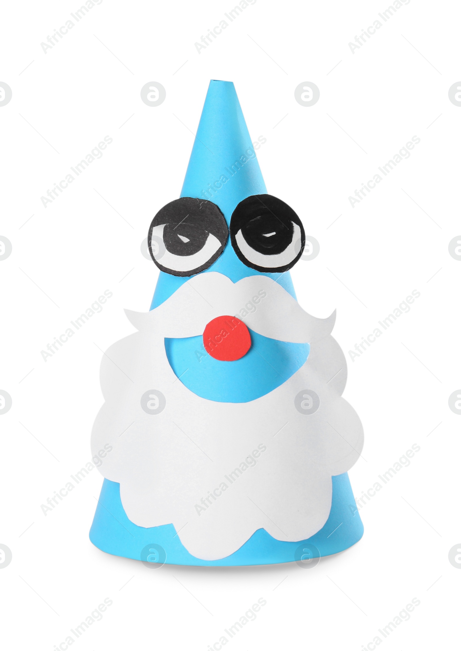 Photo of Funny party hat with eyes and beard isolated on white. Handmade decorations