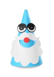 Photo of Funny party hat with eyes and beard isolated on white. Handmade decorations