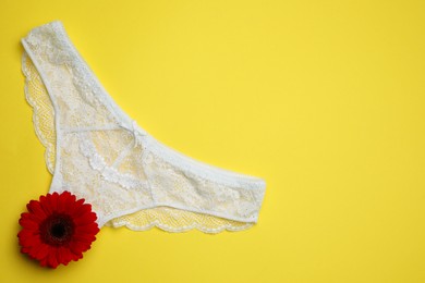 Woman's panties and red gerbera flower on yellow background, top view. Space for text