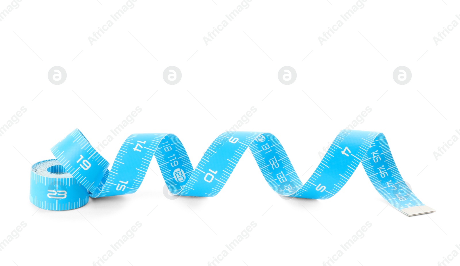 Photo of Light blue measuring tape isolated on white