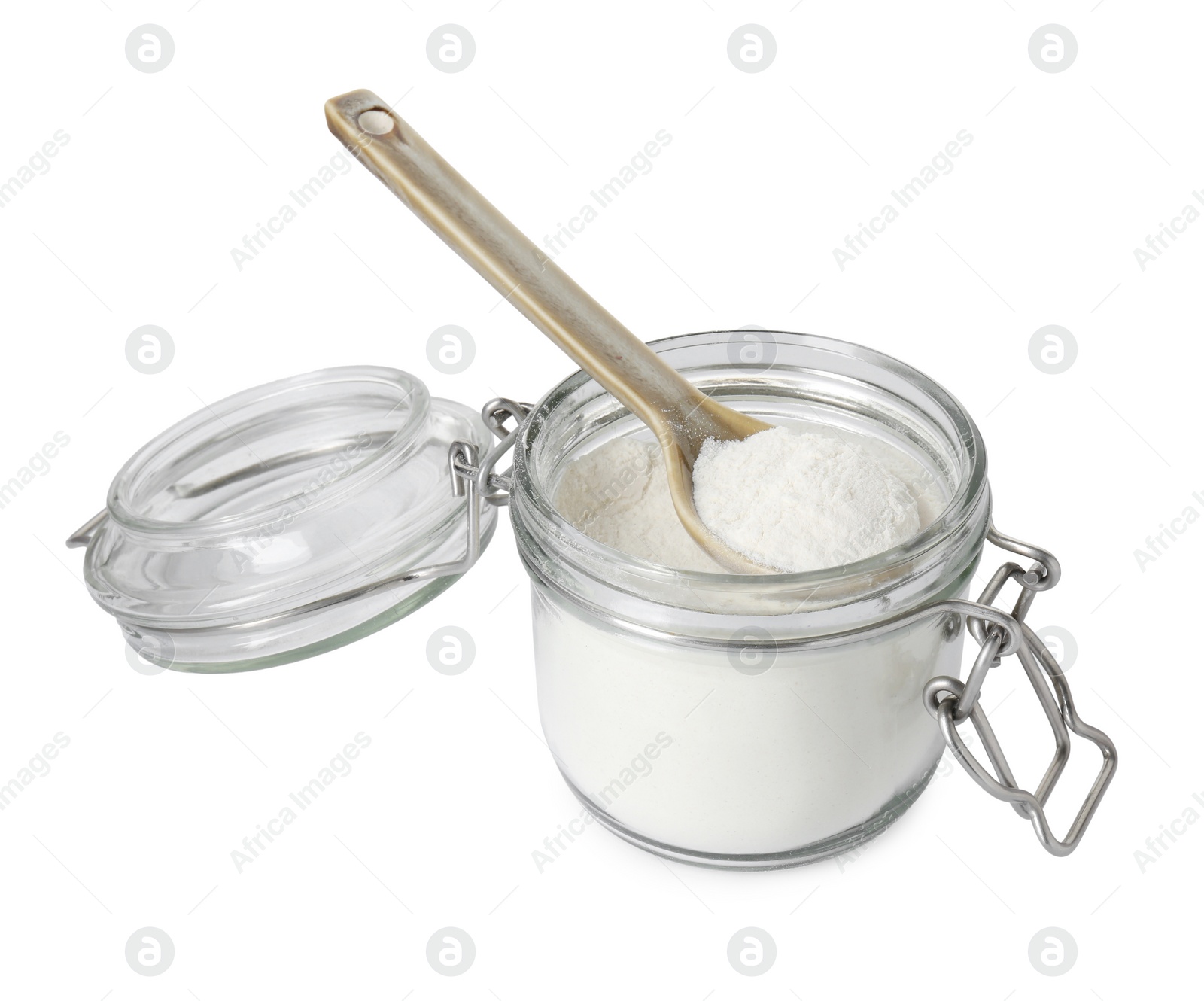 Photo of Baking powder in glass jar and spoon isolated on white