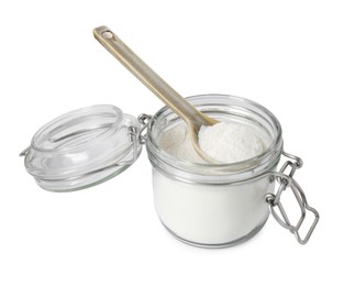 Photo of Baking powder in glass jar and spoon isolated on white