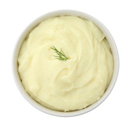 Bowl with freshly cooked homemade mashed potatoes isolated on white, top view