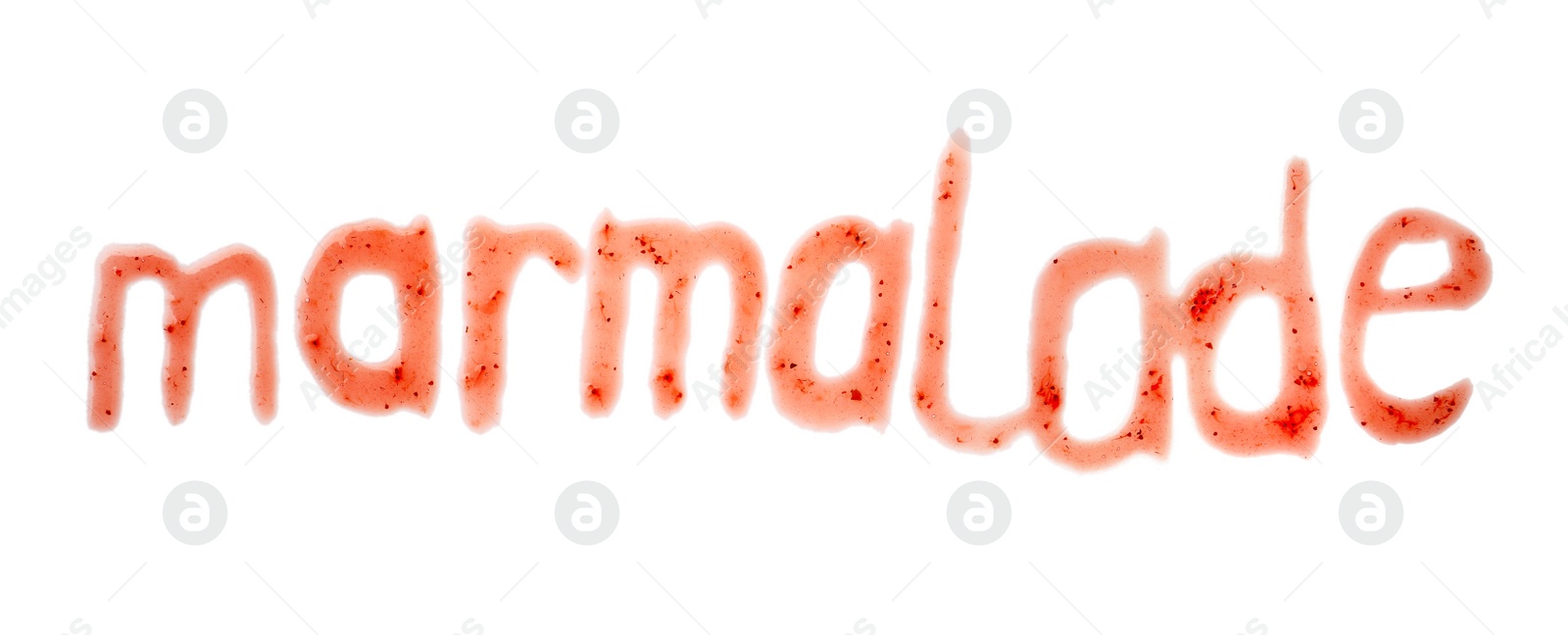 Photo of Word MARMALADE written with sweet berry jam on white background