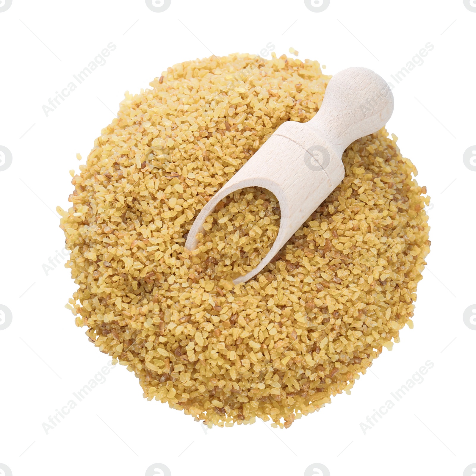 Photo of Wooden scoop with uncooked bulgur on white background, top view