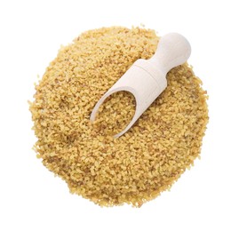 Photo of Wooden scoop with uncooked bulgur on white background, top view