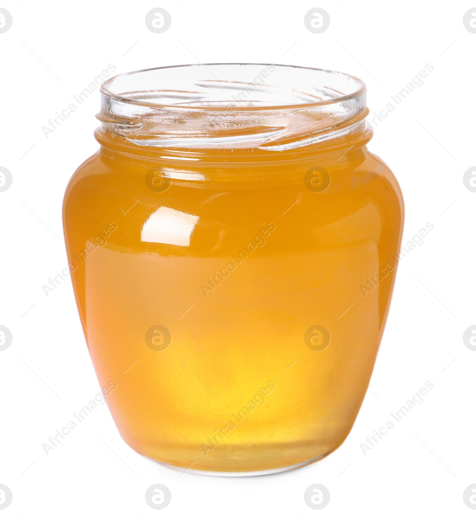 Photo of Tasty natural honey in glass jar isolated on white