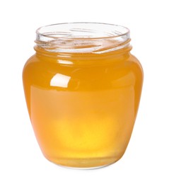 Tasty natural honey in glass jar isolated on white