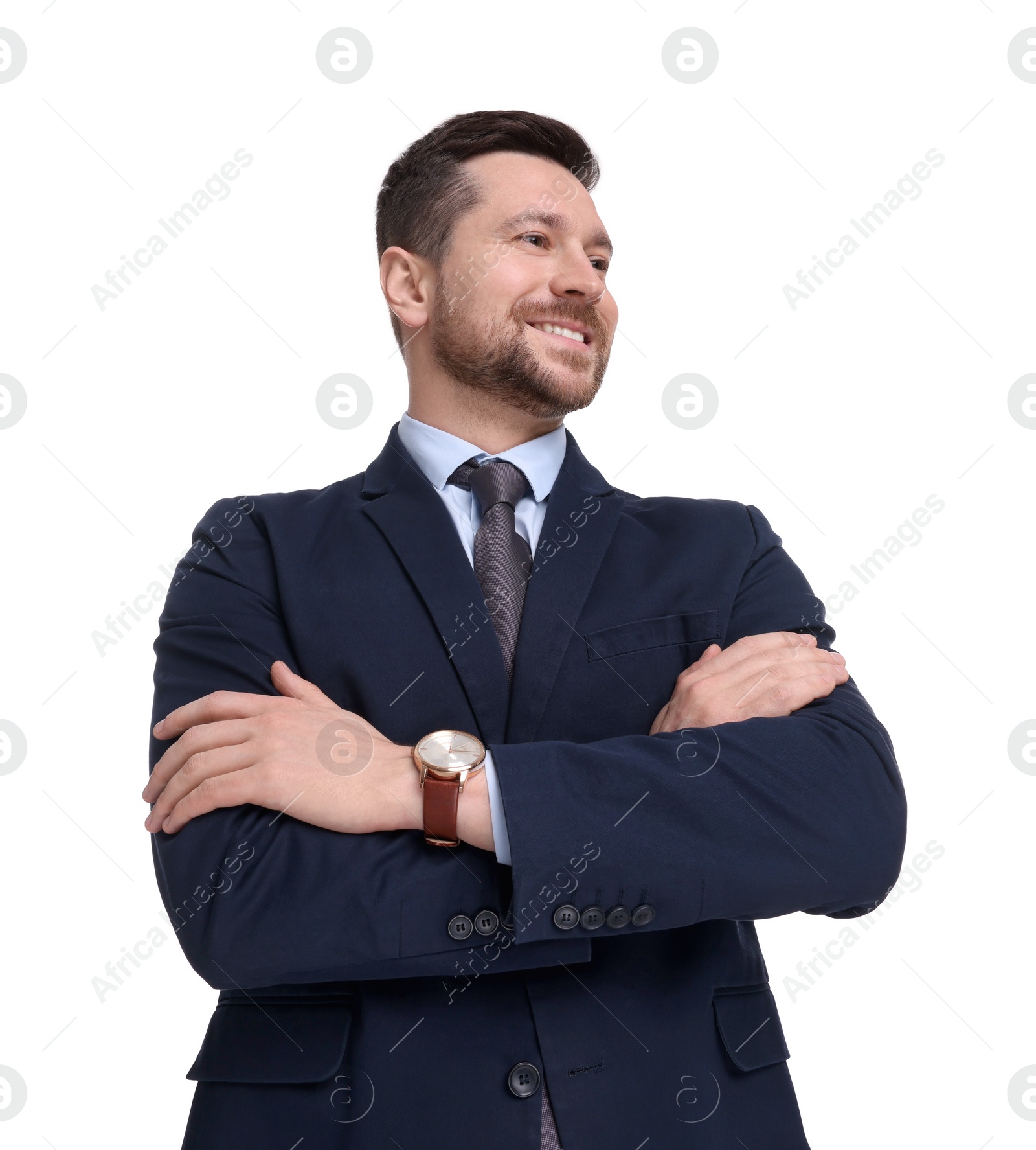 Photo of Handsome bearded businessman in suit on white background, low angle view