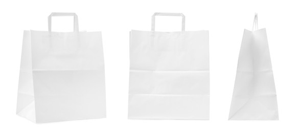 Image of Set with paper bags on white background. Banner design