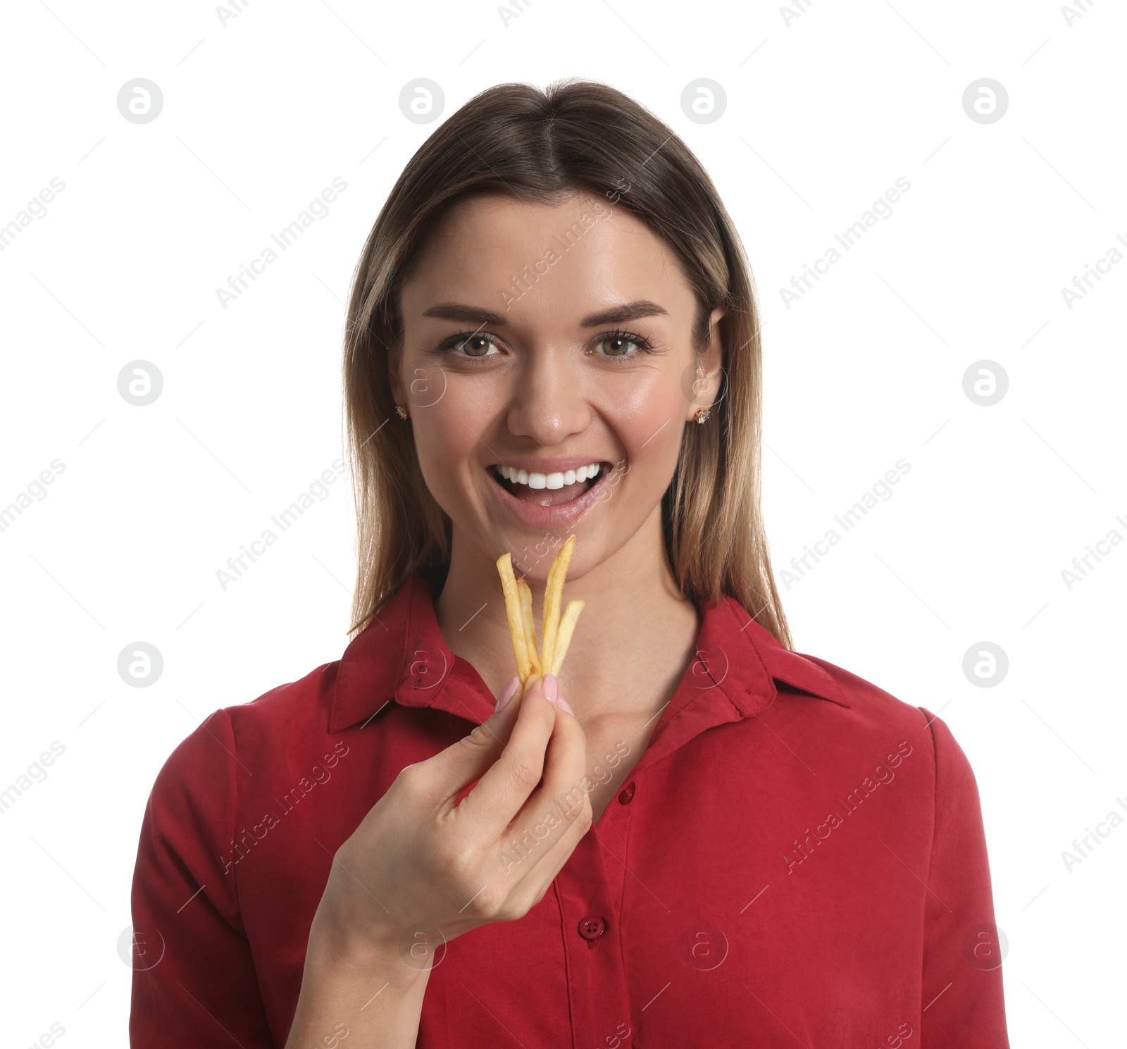 Photo of Young woman eating French fries on white background