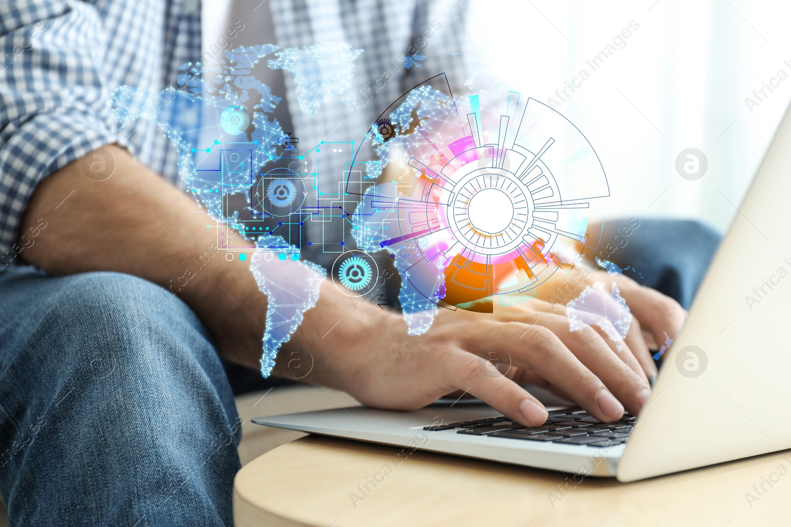 Image of Man working with laptop at wooden table, closeup. Modern technology concept