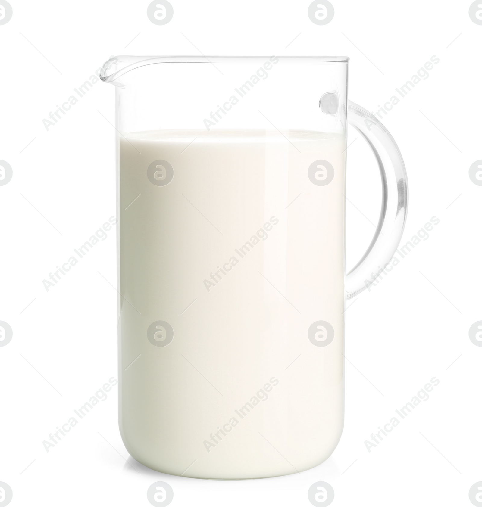 Photo of Jug of milk on white background. Fresh dairy product