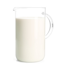 Photo of Jug of milk on white background. Fresh dairy product