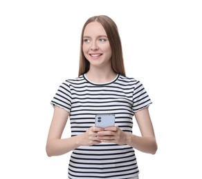 Photo of Happy woman sending message via smartphone isolated on white