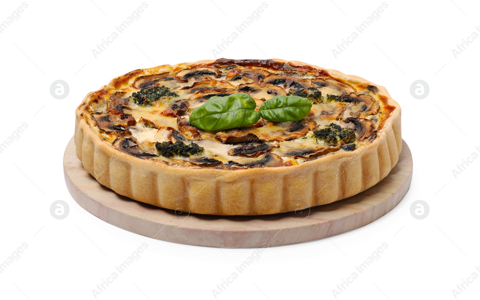 Photo of Delicious quiche with mushrooms isolated on white