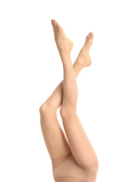 Photo of Woman wearing tights isolated on white, closeup of legs