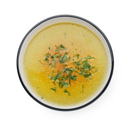 Photo of Delicious chicken bouillon with parsley in bowl on white background, top view