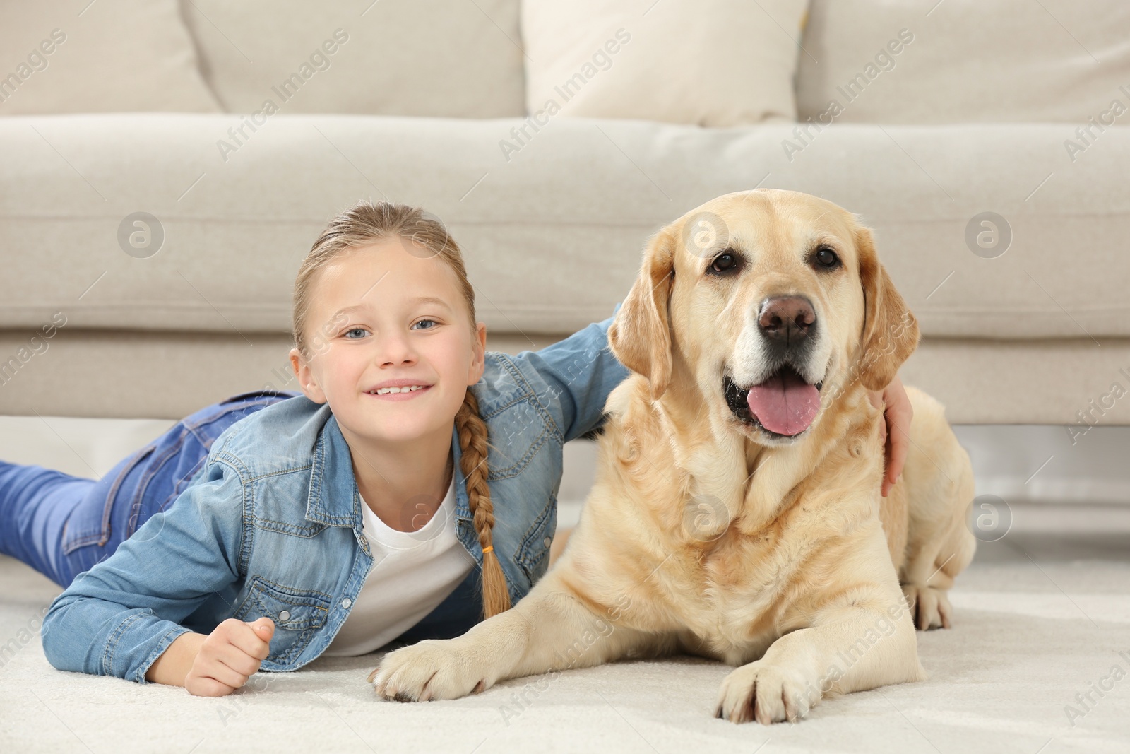 Photo of Cute child hugging her Labrador Retriever on floor at home. Adorable pet