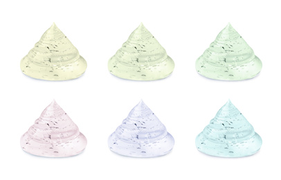 Image of Set with samples of cosmetic gels on white background