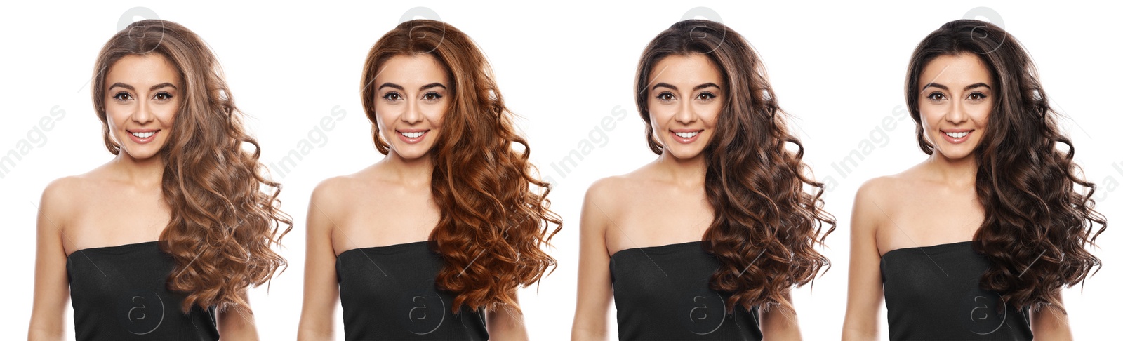 Image of Collage with photos of beautiful young woman with different hair colors on white background. Banner design