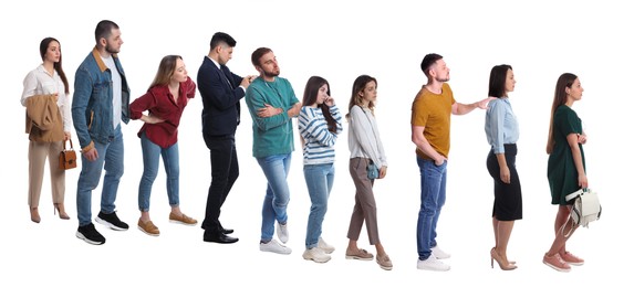 Image of People waiting in queue on white background. Banner design