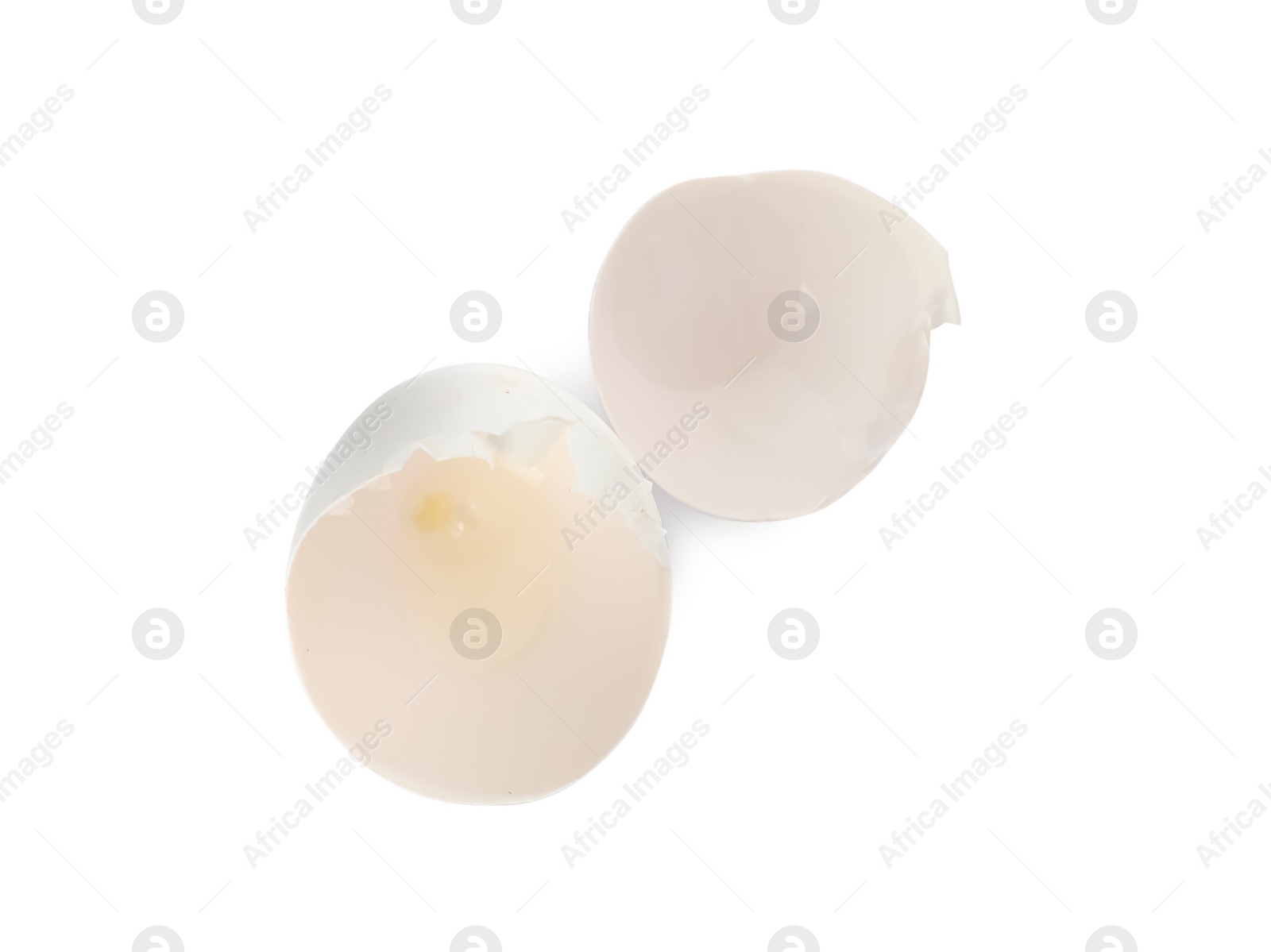 Photo of Egg shells on white background, top view. Composting of organic waste