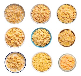 Image of Set of tasty corn flakes in bowls on white background, top view