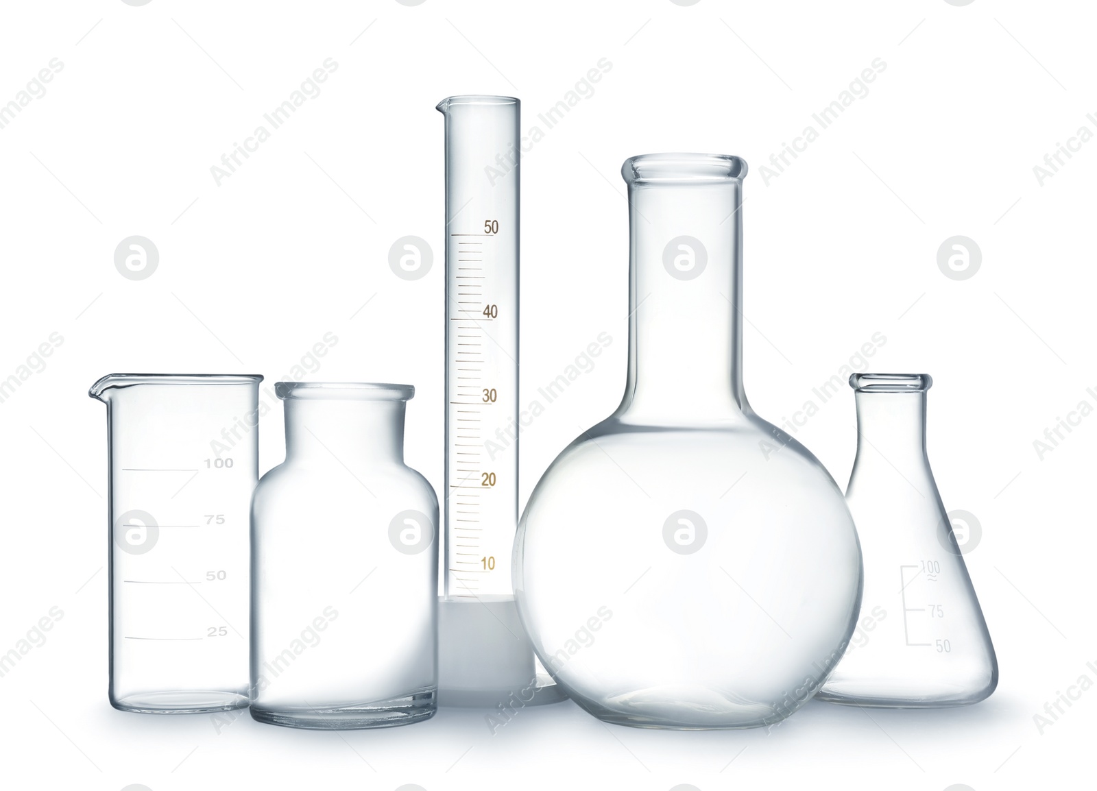 Photo of Empty clean laboratory glassware on white background