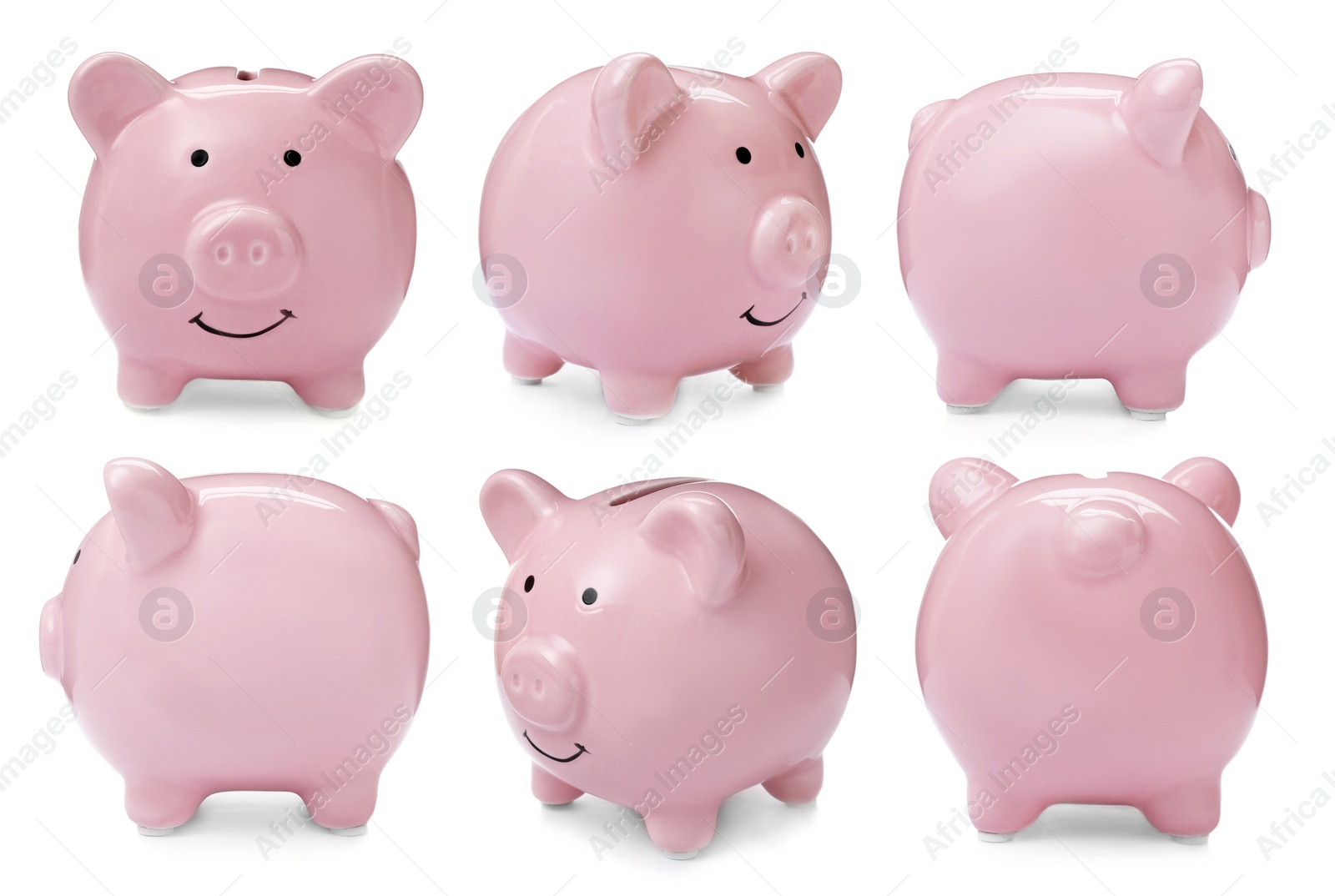 Set with pink piggy bank on white background Image of Set with pink piggy bank on white background