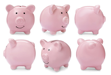 Image of Set with pink piggy bank on white background