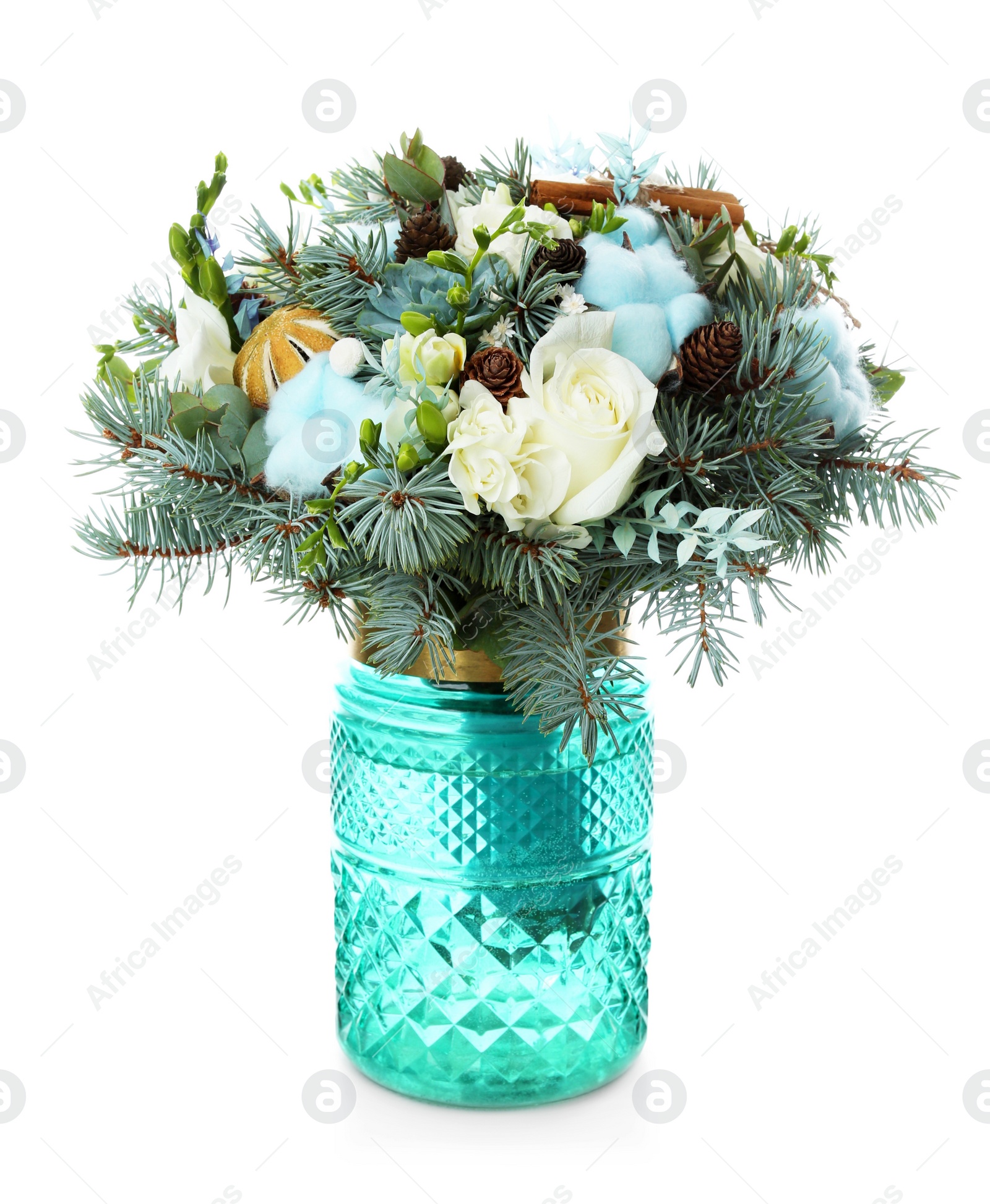 Photo of Beautiful wedding winter bouquet on white background