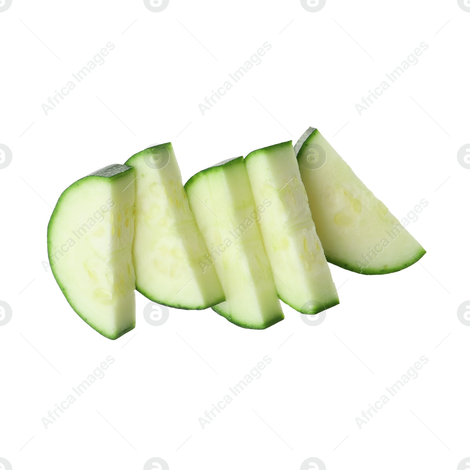 Photo of Slices of ripe zucchini on white background, top view